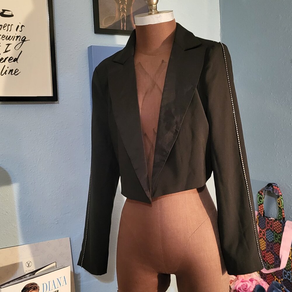 Naked Wardrobe Cropped Tuxedo Rhinestone Trim Jacket